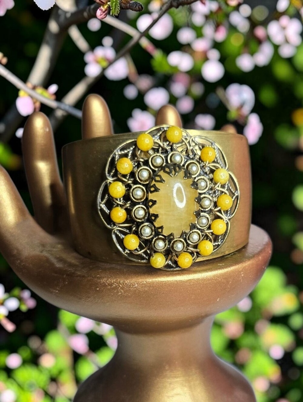 Vintage Ornate Brass-Tone Statement Cuff Bracelet